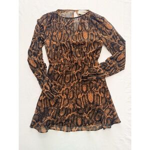 Finders Keepers Dress Womens Small Brown Animal Print Ruffle Mini‎ Long Sleeve